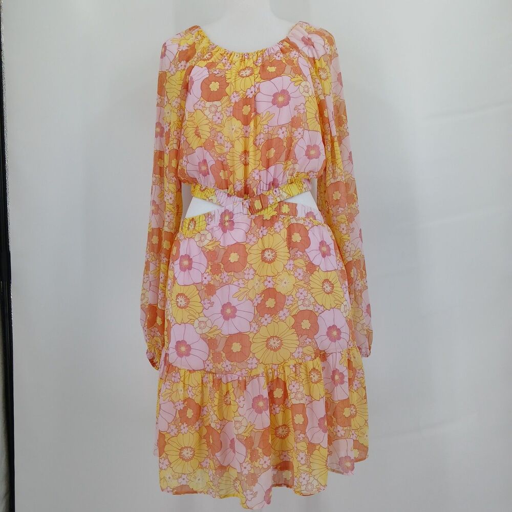 Steve Madden Womens Medium Floral Paisley Print Cutout Mini Dress Yellow Pink